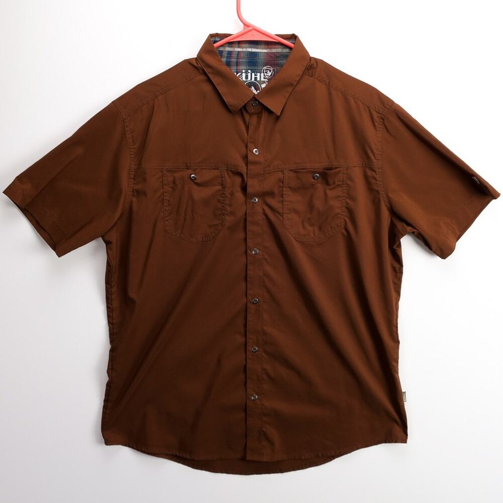 KUHL Quick Dry Hiking Travel Shirt Mens Large Rust Brown Short Sleeve Outdoor